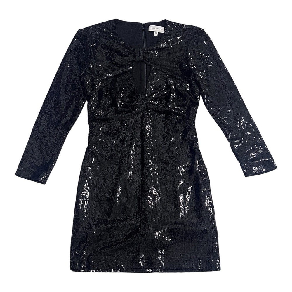 $395 Halston Black Sequined Kaylee Dress Designer Key Hole Bodycon Extra Small 2
